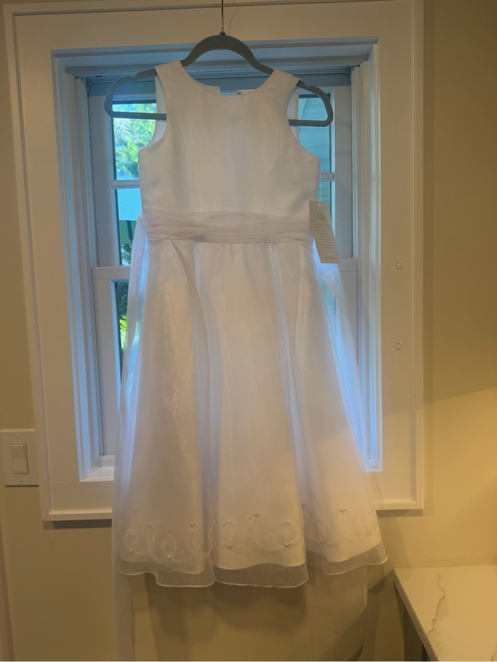 White Sleeveless Girls' Dress with Organza Skirt. Great for wedding or communion